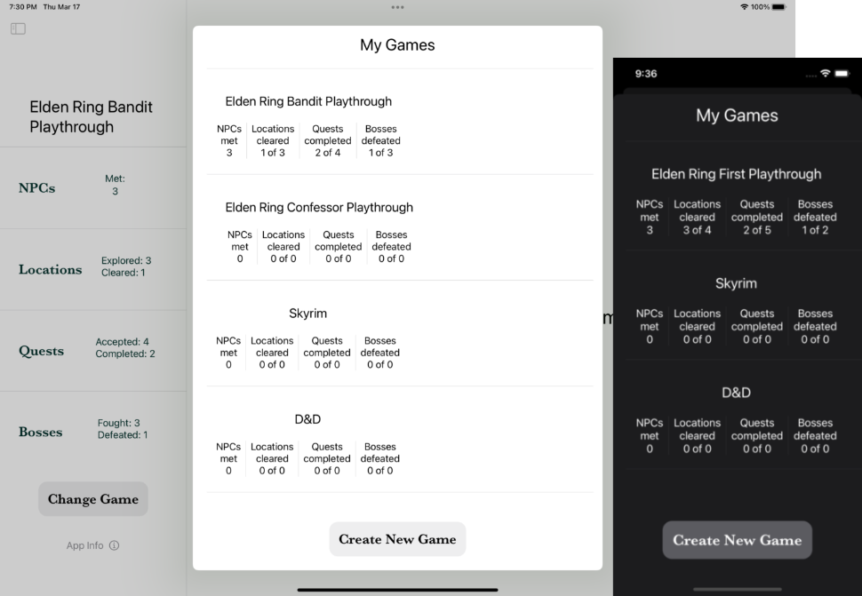 Screenshot of Games list on Shattered Ring app, iPad & iPhone