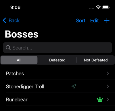 Screenshot of Boss list on Shattered Ring app, iPhone
