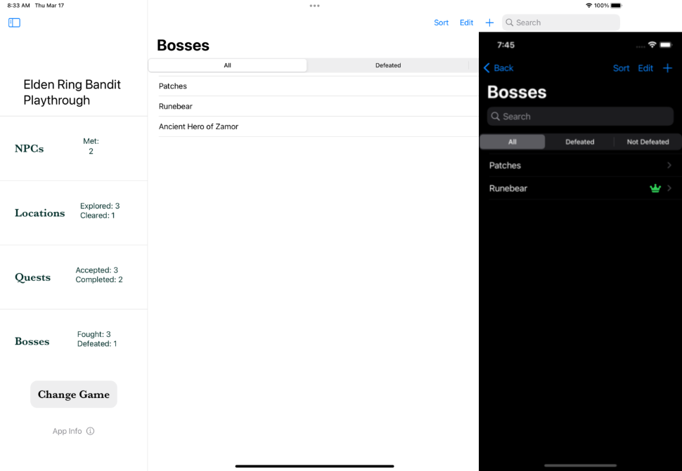 Screenshot of Boss list on Shattered Ring app, iPad & iPhone