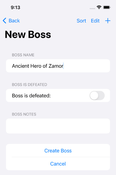 Screenshot of form to create a new Boss on Shattered Ring app, iPhone