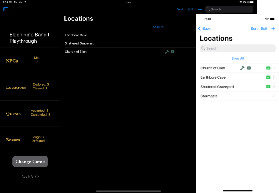 Screenshot of Location list on Shattered Ring app, iPad & iPhone
