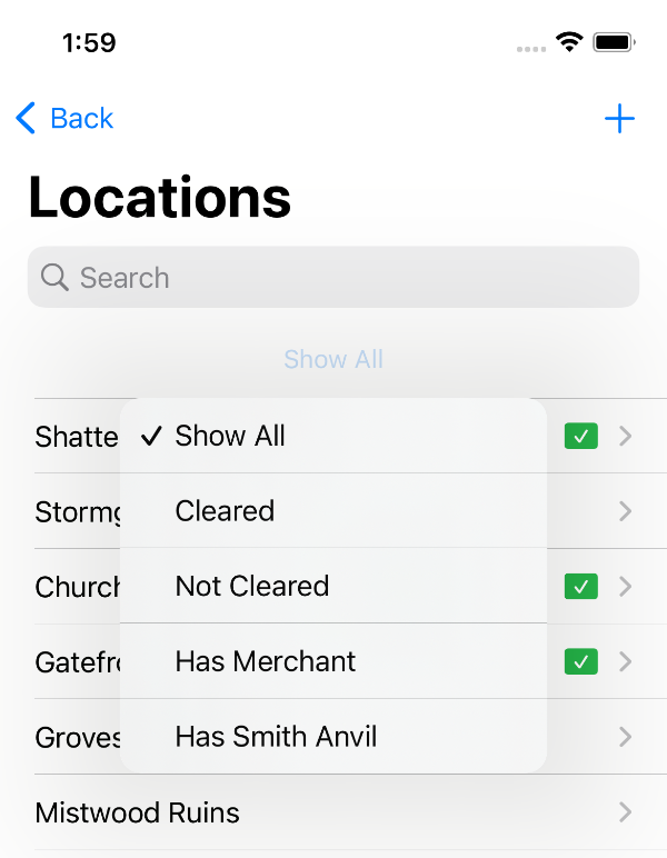 Screenshot of Location list filter options on Shattered Ring app, iPhone