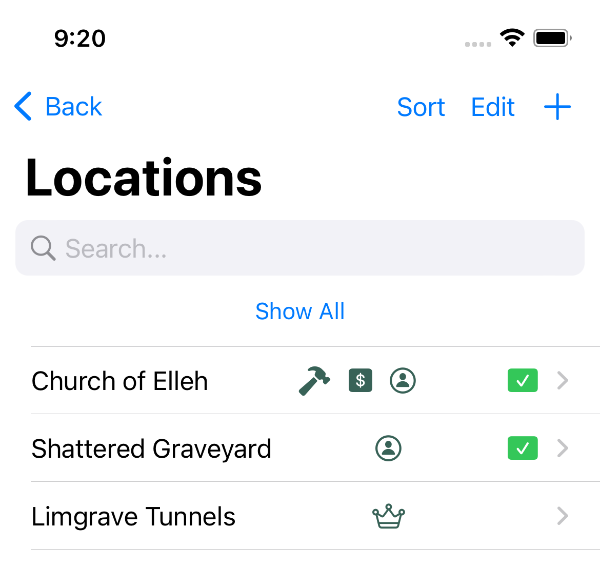 Screenshot of Location list on Shattered Ring app, iPhone
