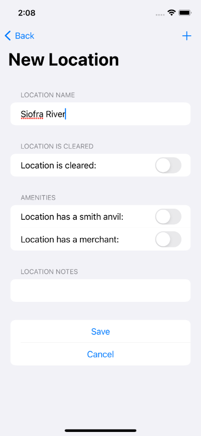 Screenshot of form to create a new Location called Siofra River on Shattered Ring app, iPhone