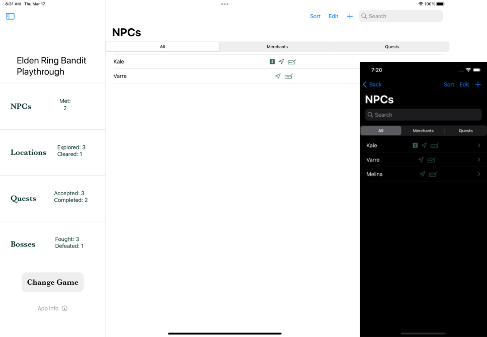 Screenshot of NPC list on Shattered Ring app, iPad & iPhone