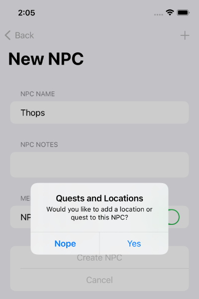 Screenshot of modal asking if you want to add quests or locations to the new NPC on Shattered Ring app, iPhone