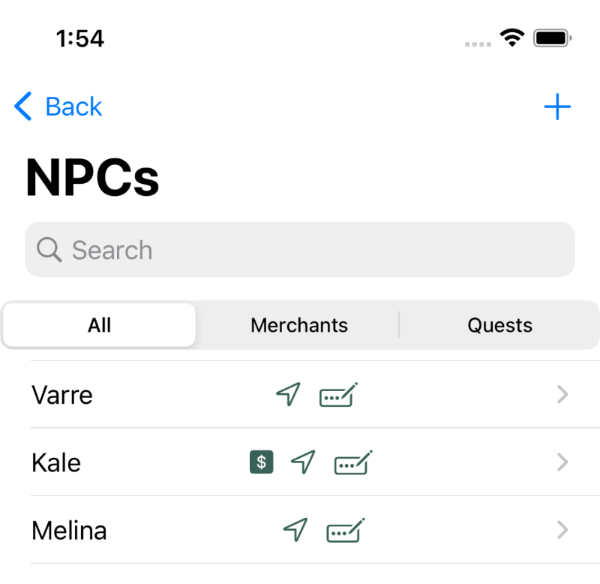 Screenshot of NPC list on Shattered Ring app, iPhone