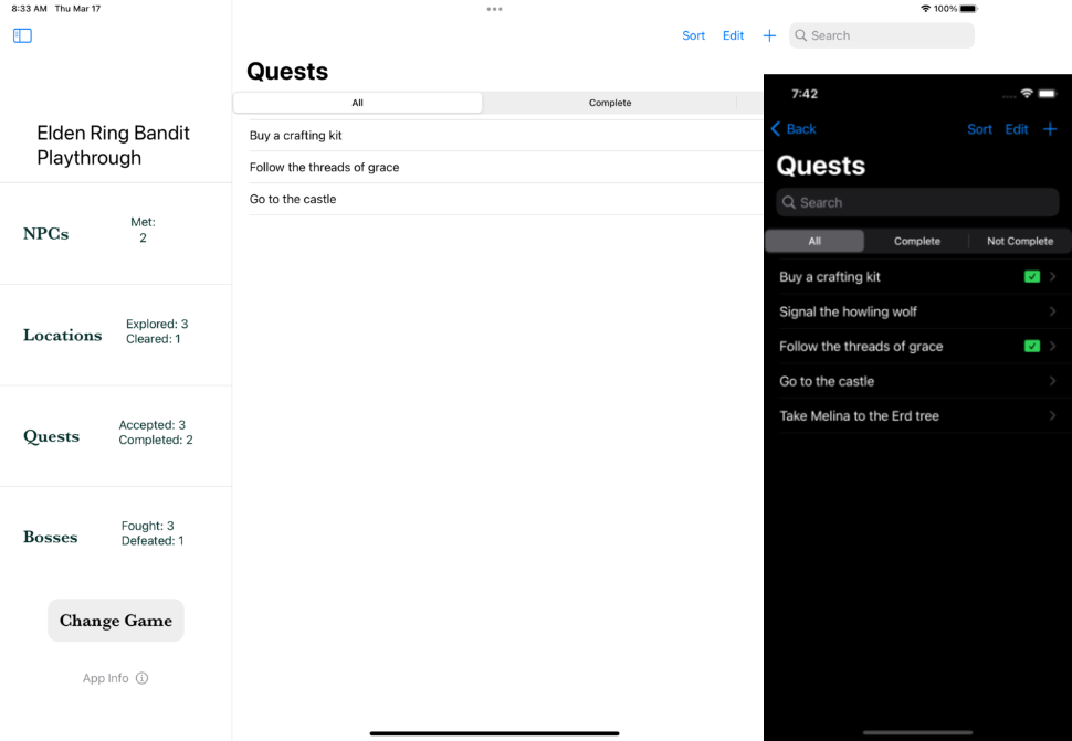 Screenshot of Quest list on Shattered Ring app, iPad & iPhone