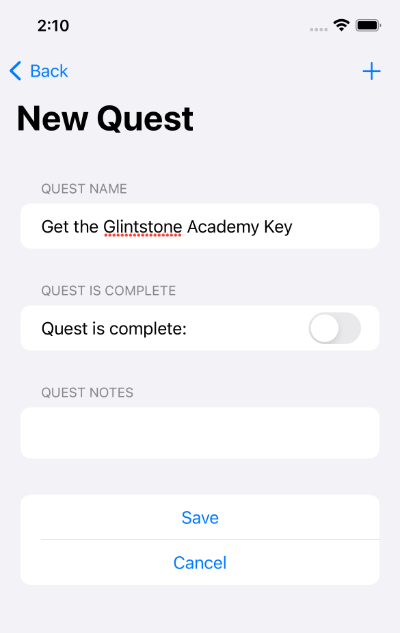 Screenshot of form to create a new Quest on Shattered Ring app, iPhone