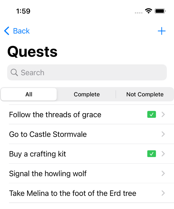 Screenshot of Quest list on Shattered Ring app, iPhone